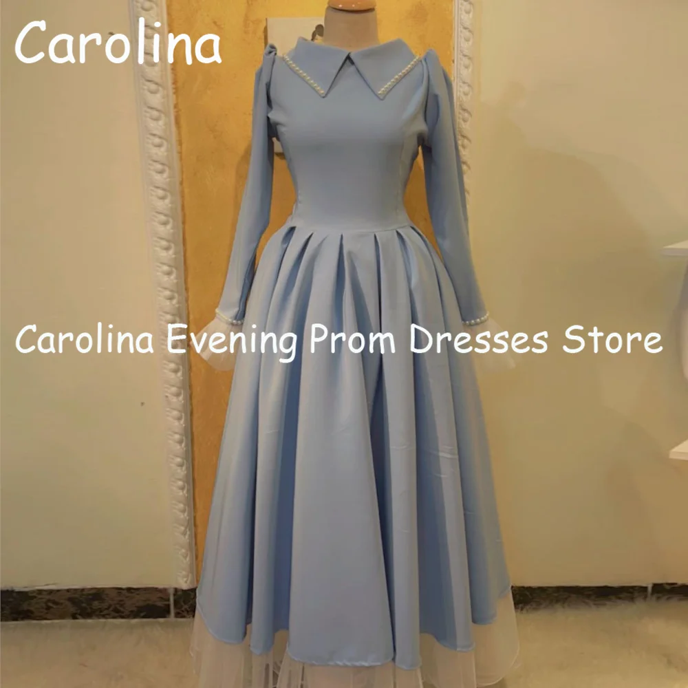 Carolina Satin A-line O-neck Ruffle Arab Popular Prom Gown Ankle Length Saudi Evening Formal Elegant Party Dress for Women 2023 women a line red sexy side slit evening dress short satin puff sleeves v neck prom gown ankle length formal party dresses custom