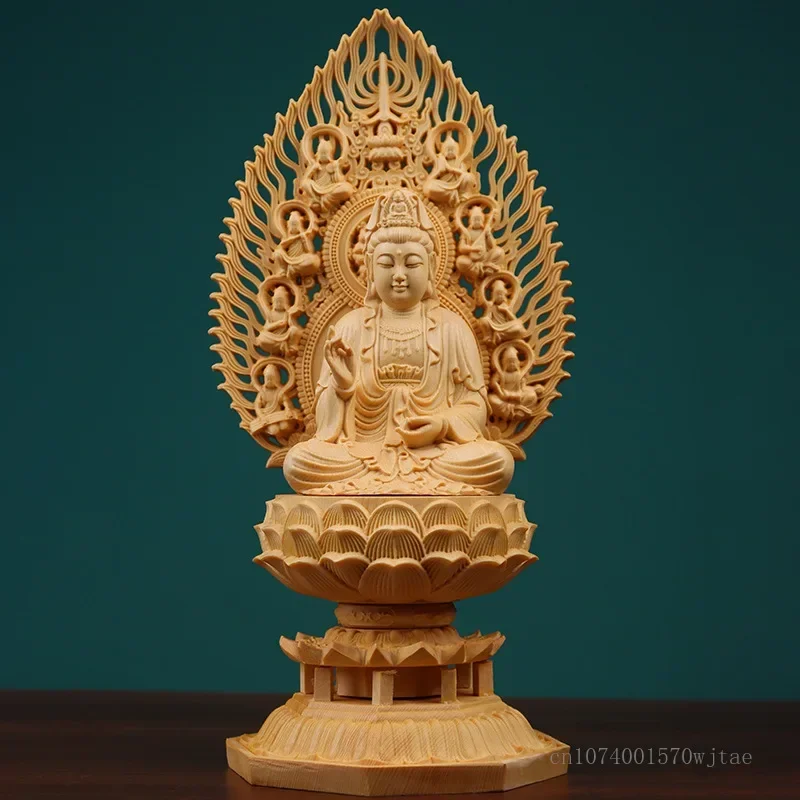

Three Decoration, Lotus Buddha Hand Saints' Yellow Crafts, Sitting Chairs, Wood Poplar Carving Sculpture, Statue, 1pc