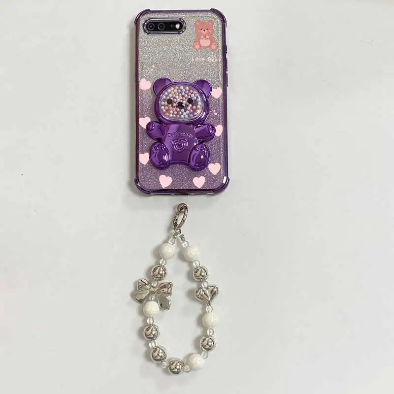 Pearl Strap Glitter Teddy Bear Phone Holder Case with Anti-Knock Stand Cover