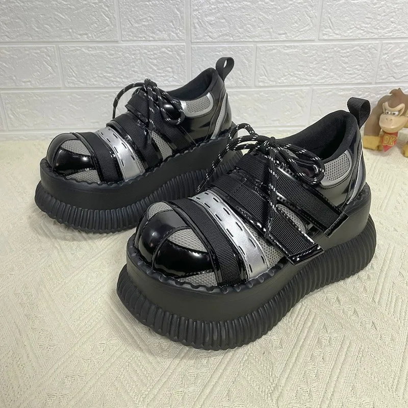 

Patent Leather Patchwork Punk Platform Pumps Round Toe Casual High Heels Y2K Subculture Lace-Up Women Shoes Zapato De Tacon