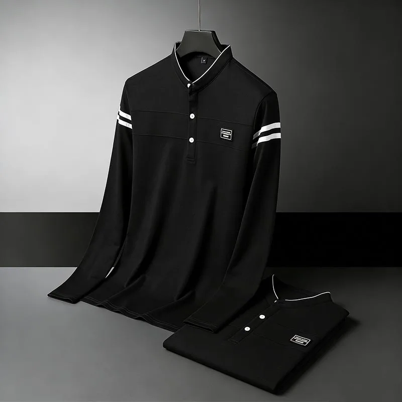 Herren-Poloshirt mit Stehkragen und langen Ärmeln, gestreift, weich, atmungsaktiv, für Business, Arbeit und Alltag – Detail 3