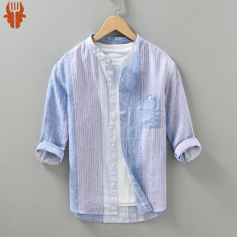 

Japanese Minimalist Men's Standing Neck Vertical Stripe Three Quarter Sleeved Summer Thin Men Pure Linen Tops Shirt