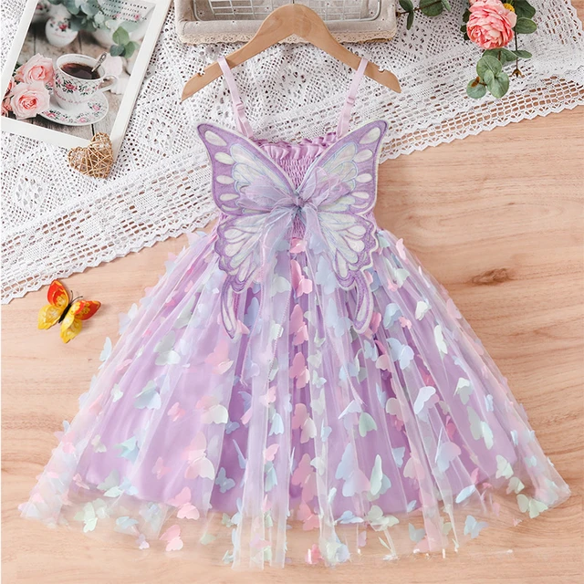 Robe d'été pour filles, motif papillon violet, en maille colorée, avec ailes, robe de princesse pour anniversaire, 3-8T, 2024 1