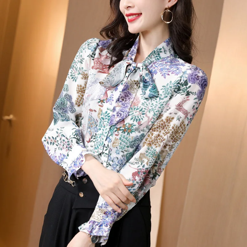 

Women's Blouses Tops Silk Crepe Floral Printed Office Formal Casual Shirts Plus Large Size Spring Summer Sexy Green Flower Cool
