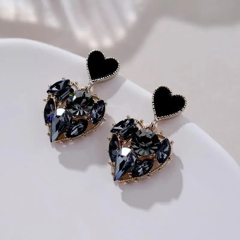 Dangle Earrings Black Rhinestones Double Heart Dripping For Women Fashion Vintage