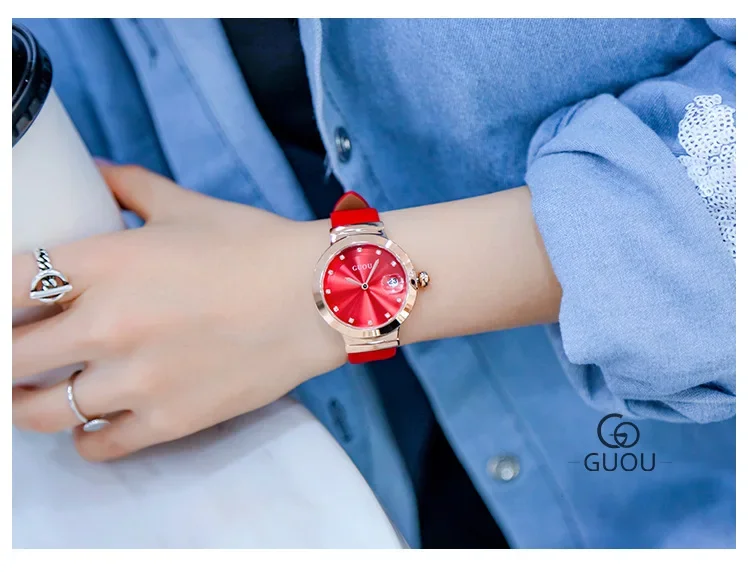 Orologio da polso al quarzo da donna alla moda GUOU con cinturino in vera pelle, diamanti, strass, calendario, lente d'ingrandimento, orologio da donna_voghion.com