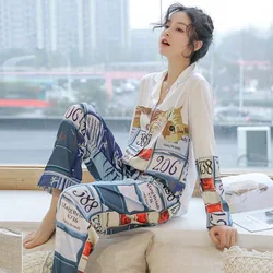 Pajamas Set Female  Autumn New Style Women's Casual Fold-Down Cardigan Long Sleeve Large Size Cartoon Nightshirt Girls Sexy Pjs