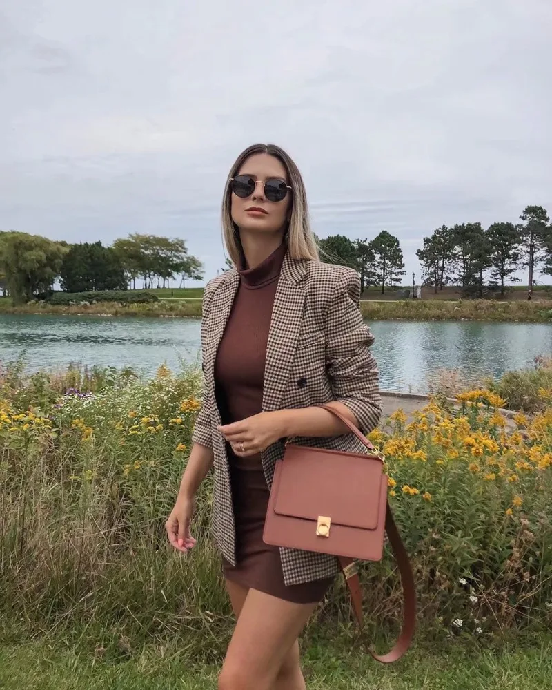 British Style Retro Plaid Blazer Suit  Women Simple Mid Length Double Breasted Casual Office Blazers Lady Work Commute Suit
