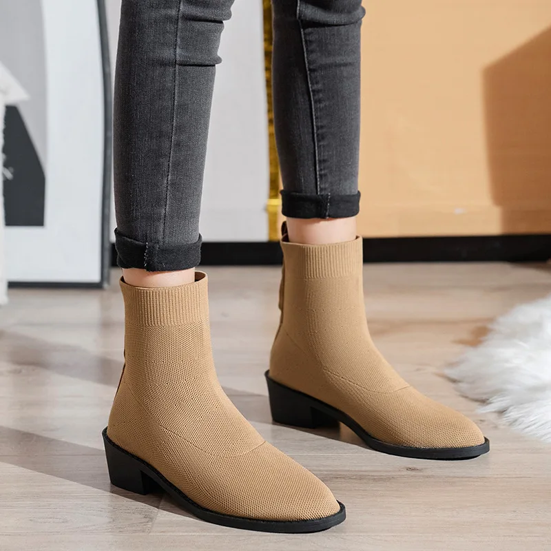 Sleeve Knitted Elastic Women Boots Mesh Red Heel Versatile Short Boots Spring Autumn New Comfort Socks Boots Ladies Casual Shoes