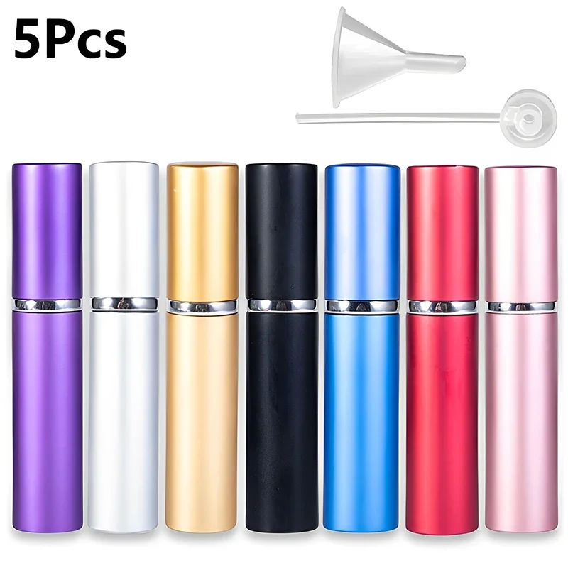 

5Pcs 5ml Portable Perfume Atomizer Empty Fine Mist Spray Bottles Travel Refillable Essential Oil Sample Containers With Funnel
