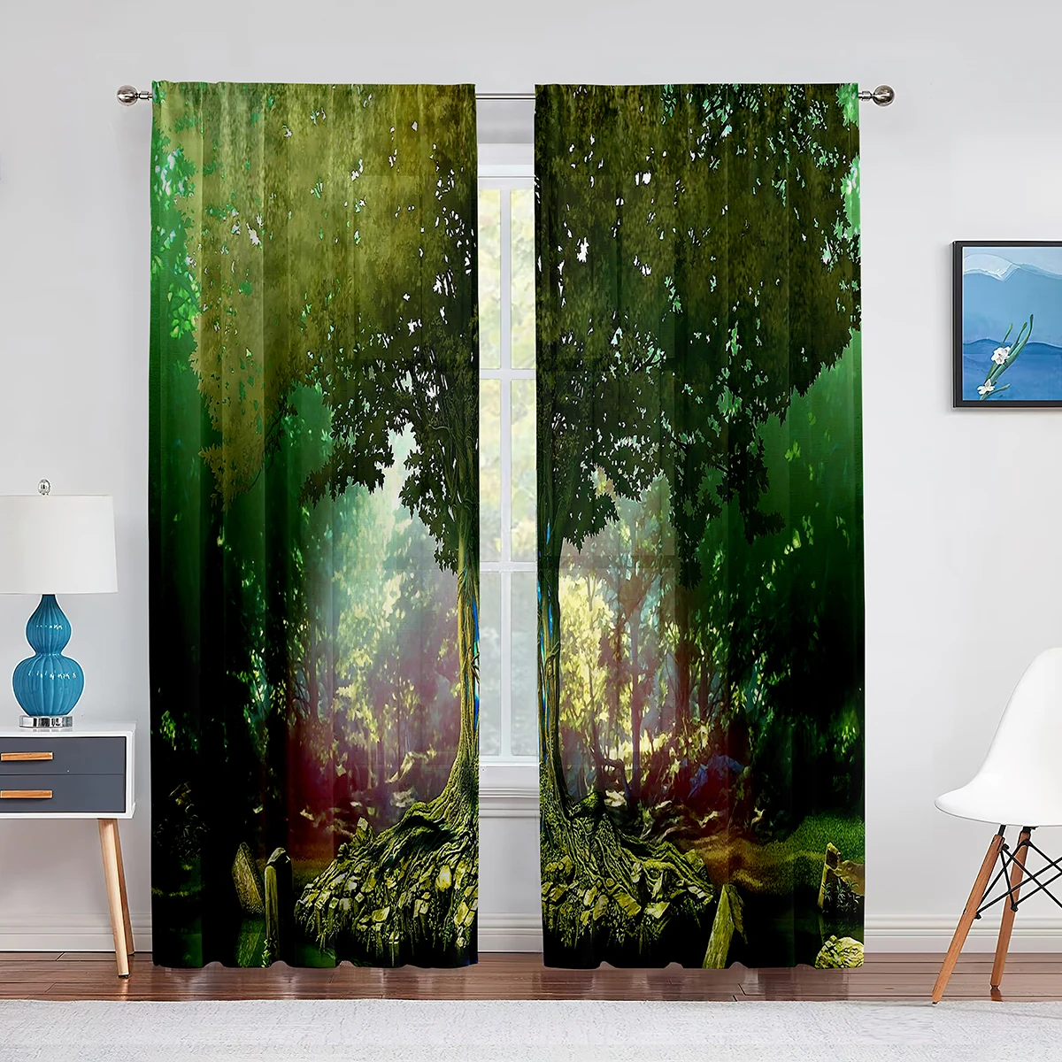 

Tree of Life Themed Forest Season Nature Print Tulle Curtains for Living Room Bedroom Kitchen Chiffon Sheer Voile Window Curtain