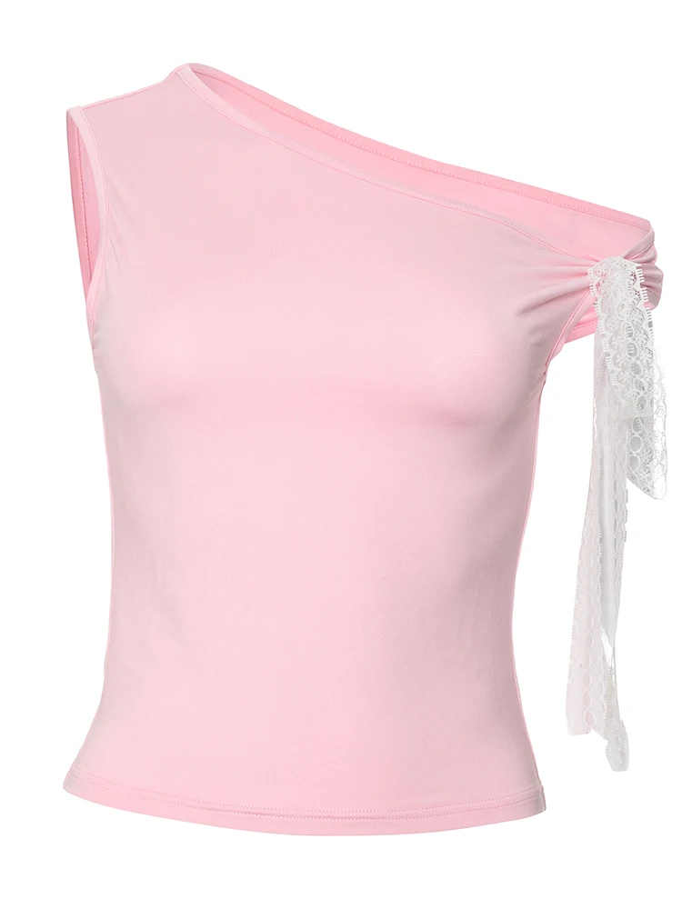 Incline Shoulder Women Vests Solid Concise Summer Lace Bandage Tassel Skinny Crop Tanks Female Wild Trend Party Clothing