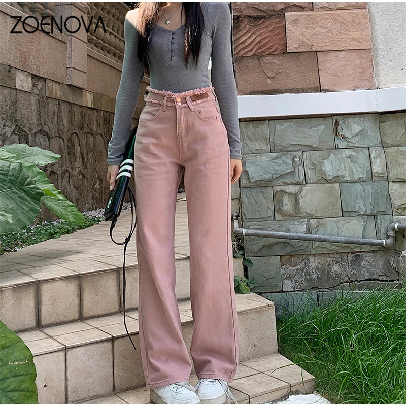 ZOENOVA Y2K 더블 단추 로우 엣지 청바지, 여성용 와이드 레그 팬츠, 핑크 작은 스트레이트 데님 바지, 2024 미국 패션