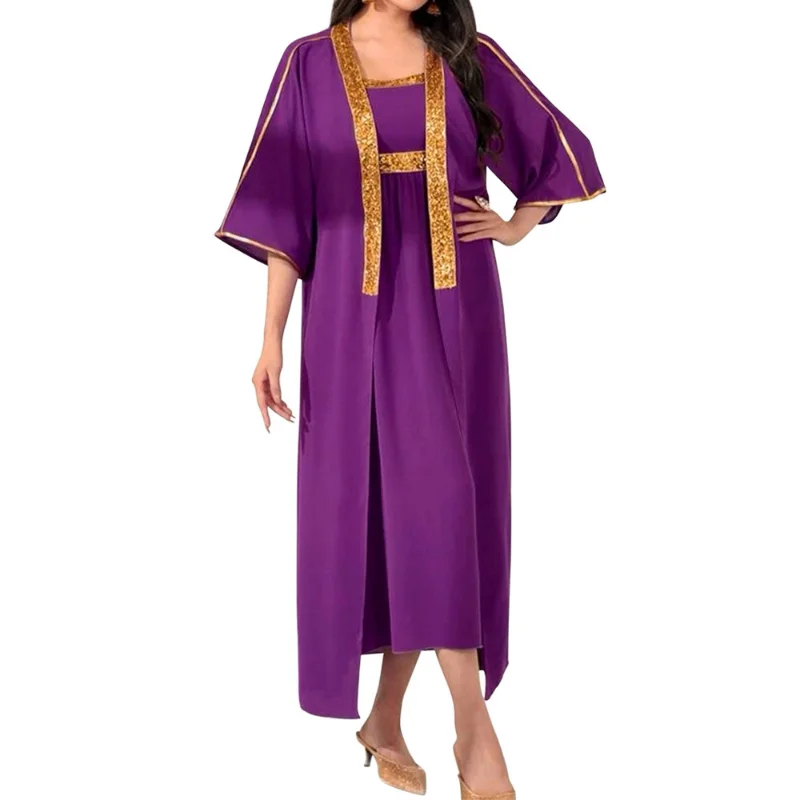 Middle East Women Dressess Set Muslim Fashion Sequins Ribbon Coat and Spaghetti Dress for Party  Dubai Arabic Gowns