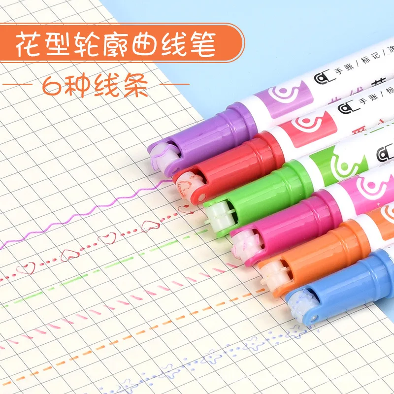 6ラインタイプ6色速乾性カラフル蛍光ペンかわいいパターン日記