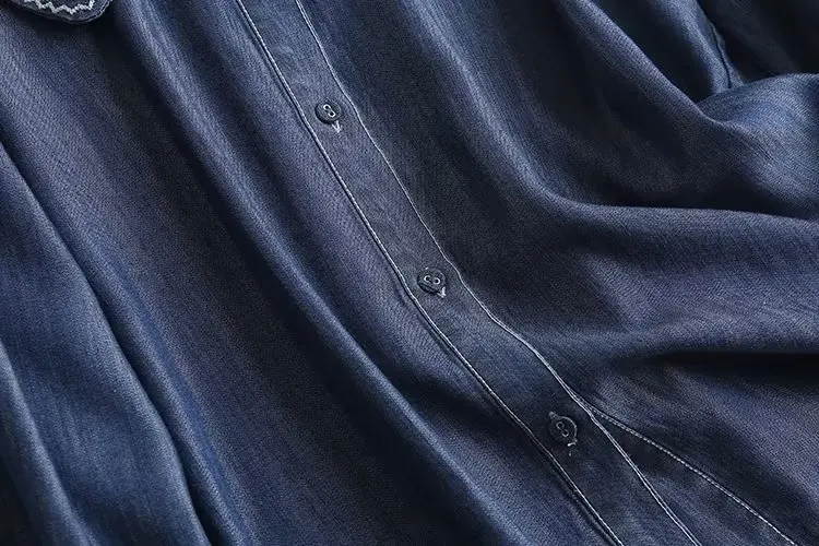 피터팬 칼라 청바지 셔츠, 버튼 업 긴팔, 봄 셔츠, 캐주얼 블루, 부드러운 데님 셔츠, 코튼