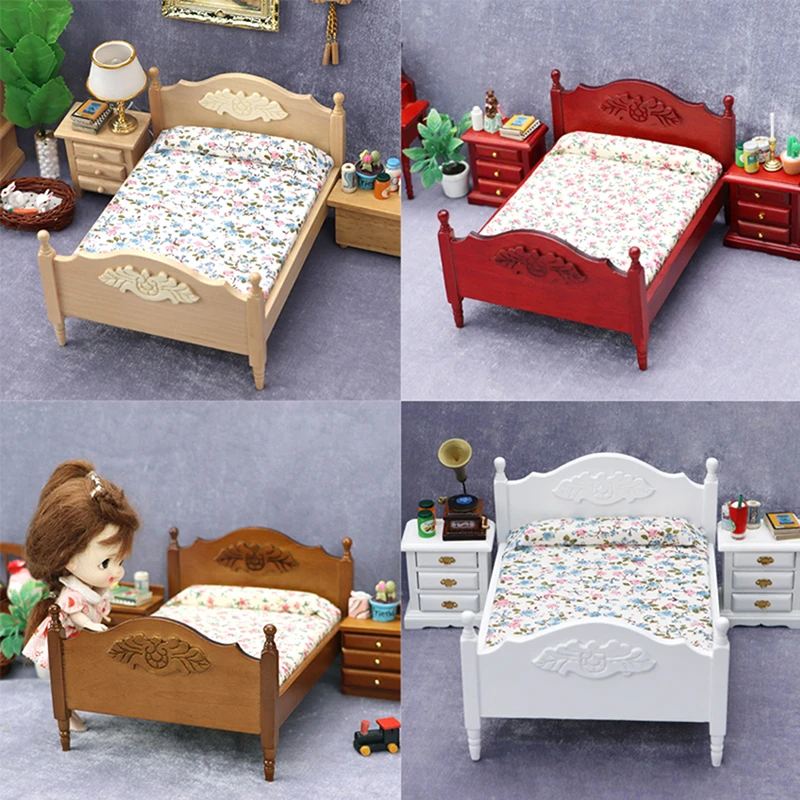 Intentie kwaadheid de vrije loop geven kaping 1:12 Dollhouse Miniature Bedroom Double Bed European Furniture Model Decor  Toy Poppenhuis Meubels - Doll House Accessories - AliExpress