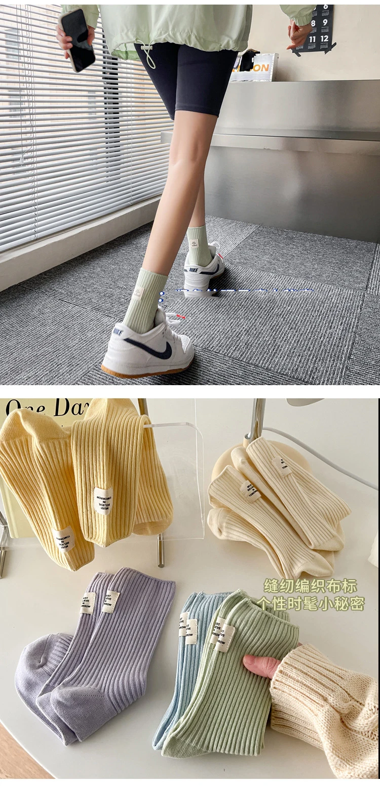 CHAOZHU Korea Japanische doppelt gestrickte Ripp-Baumwollbeschriftung, modisch, lässig, Basic, täglich, für Damen und Mädchen, 1 Paar – Detail 6