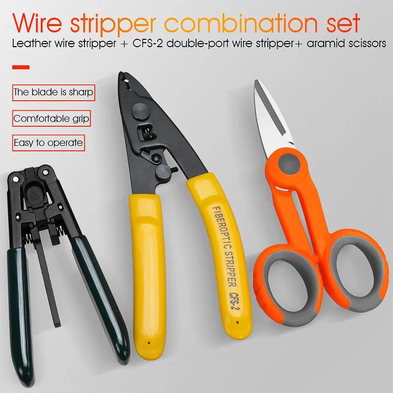 

Free Shipping 3 packs Fiber Optic Tool Kit Kevlar Scissors Double Hole Pliers Stripper and Fiber Optic Stripper CFS-2