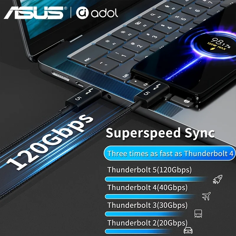 ASUS Thunderbolt 5 케이블 120Gbps PD 240W 데이터 케이블 MacBook, iPad, iPhone 및 안드로이드용 고속 충전 8K60Hz Type-C 케이블