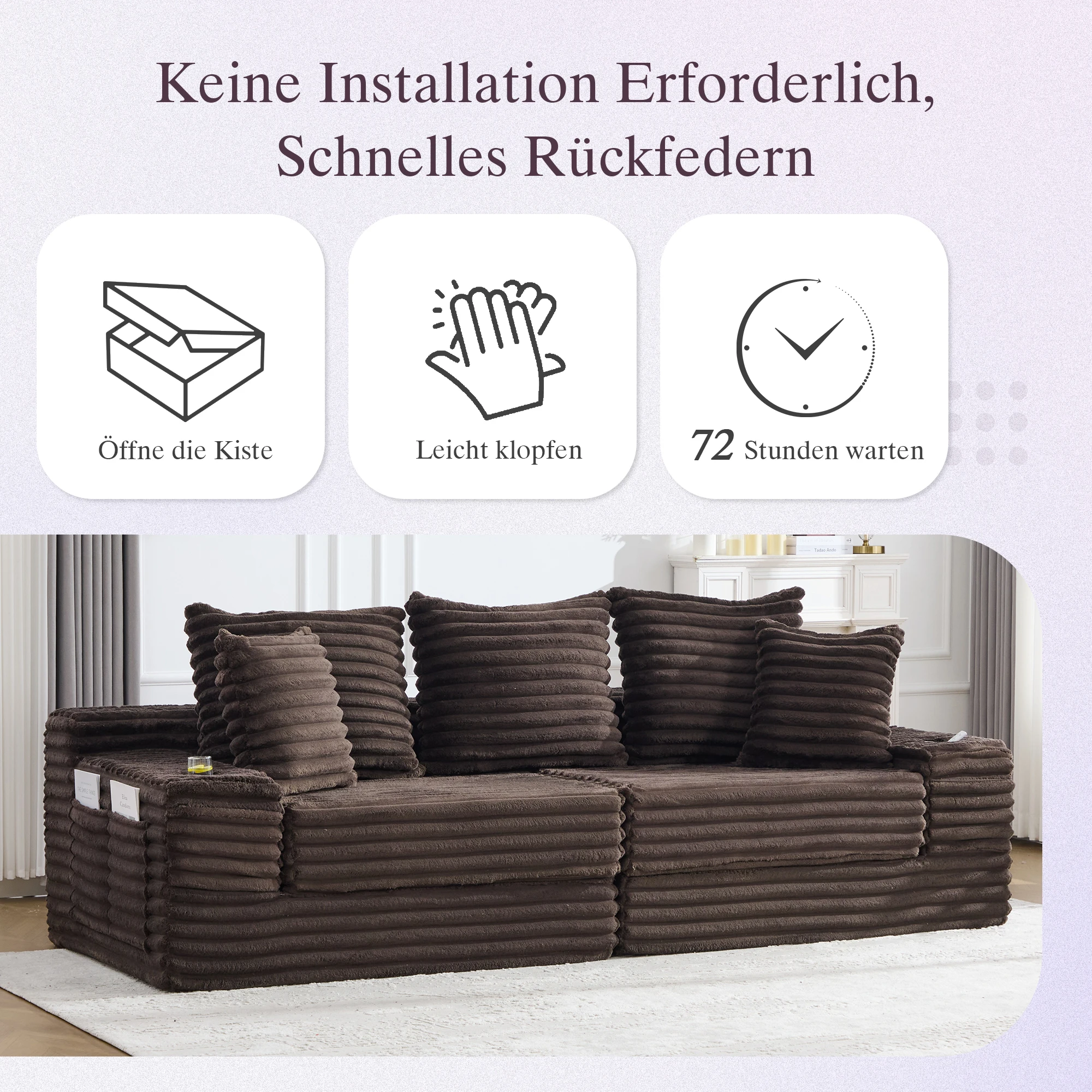 Cordstoff Kompressions-Sofa mit Hoher Rückenlehne und Zusätzlichen Kissen, Beidseitige Taschen, Frei Kombinierbar Als Schlafsofa – Detail 6