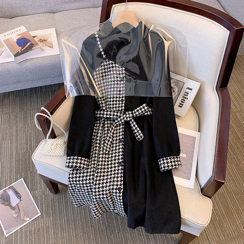 

Women Autumn Winter Cotton Plaid Shirt Dress With Belt Casual Female Elegant Large Size Elegant Black Single-breaste Slim Party