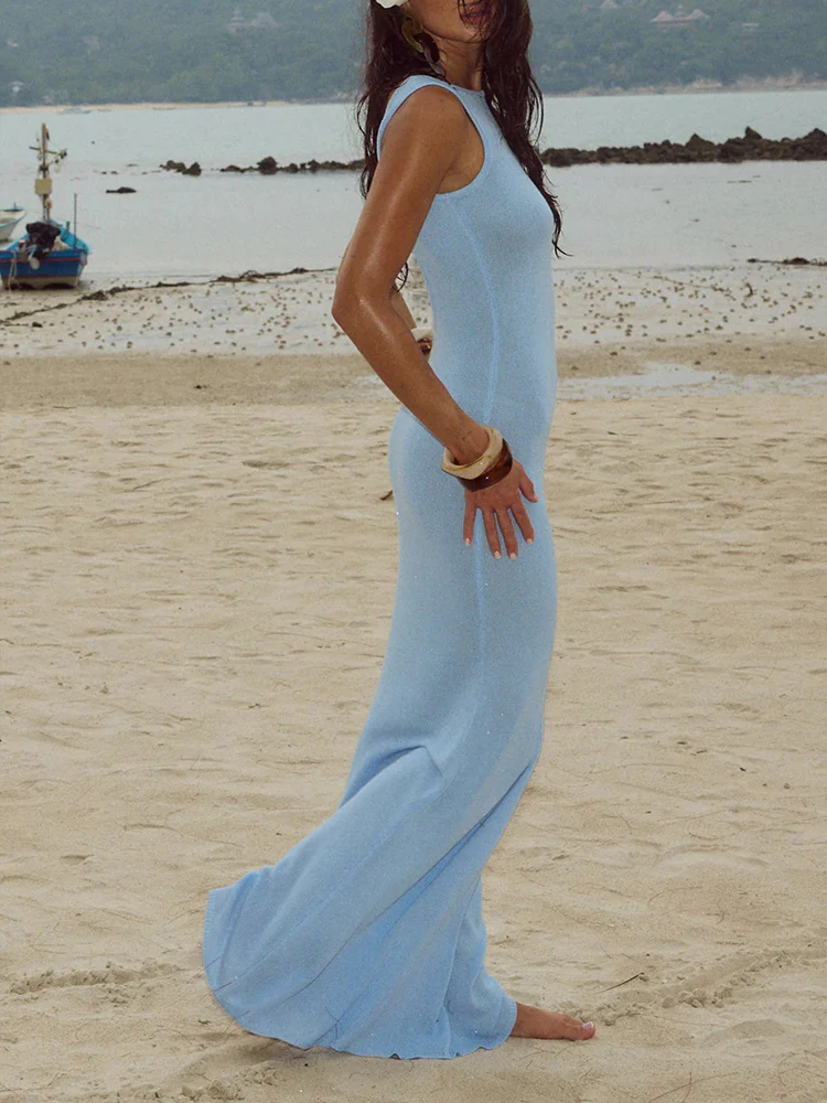 Sexy Glitter Backless Knitwear Tank Dress Sleeveless Slim Fishtail Dresses 2025 Women's Party Evening Vestidos Maxi Dress 2