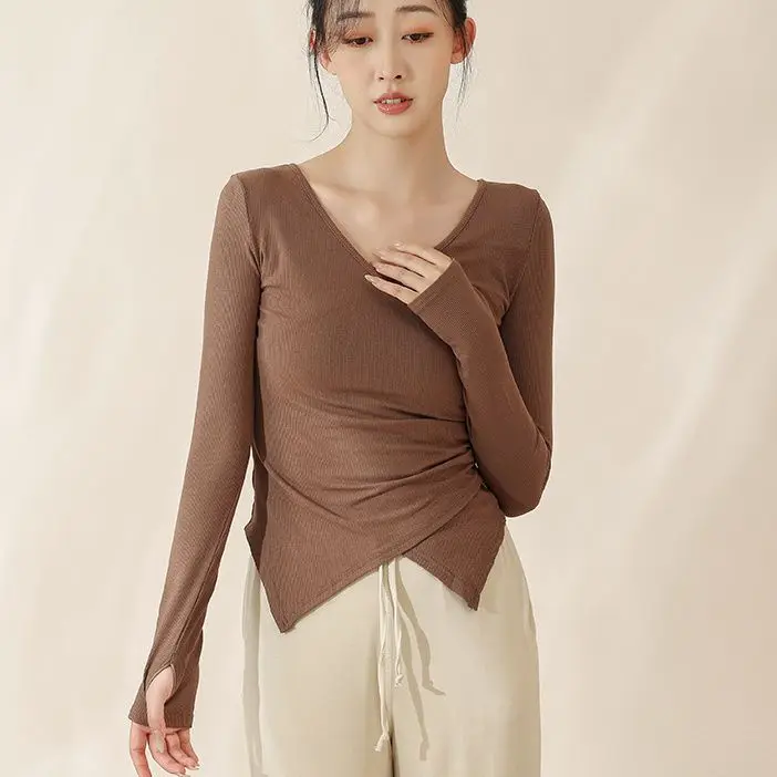 Long Sve T-irt Women's Yoga Pranayama Cross Slim Fit Faionable ort V Ne Body ape Practice Top Polyester Fiber