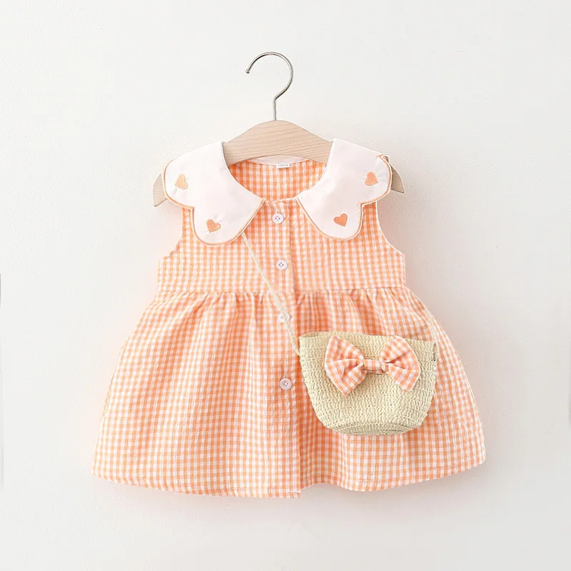 Summer Newborn Dress Fashion Print Doll Collar Cute Princess Beach Flowers Dresses + Bag Little Girls Heart Plaid Clothing