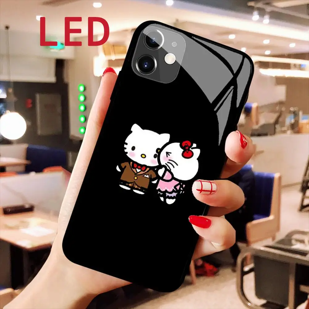 iphone 12 case HelloKitty Animation Glass phone Case For IPhone 13 12 11 Pro Max XS  Max 8Plus 7plus LED Luminous Call Light Flash cover iphone 12 wallet case