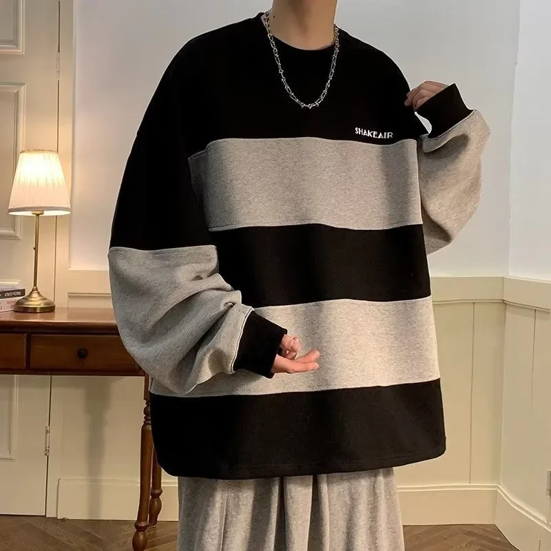 

Thickened Sweater Men's Striped Sweater 2023 Autumn Winter New Korean Fashion Preppy Casual Loose O-Neck Sweater Clothing Trend