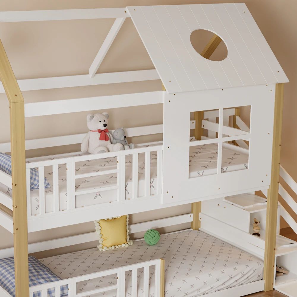 90 x 200 cm großes Etagenbett aus Kiefernholz und MDF – mit Stauraumtreppe, Fallschirmgitter, Fenster- und Dachdesign, weiß und natürliches Finish für Schlafzimmer – Detail 24