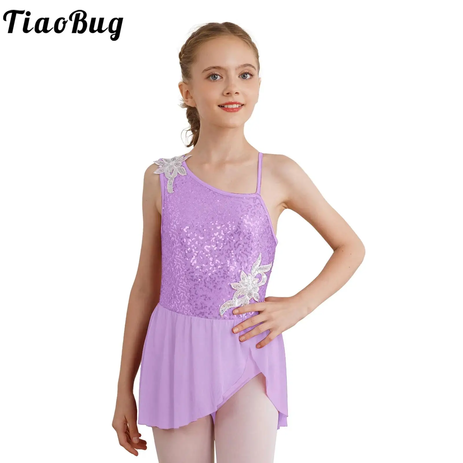 2023 Kids Girls Sleeveless Dress Ballet Dance Performance Costumes Oblique Shoulder Sequins Floral Decorated Patchwork Dresses