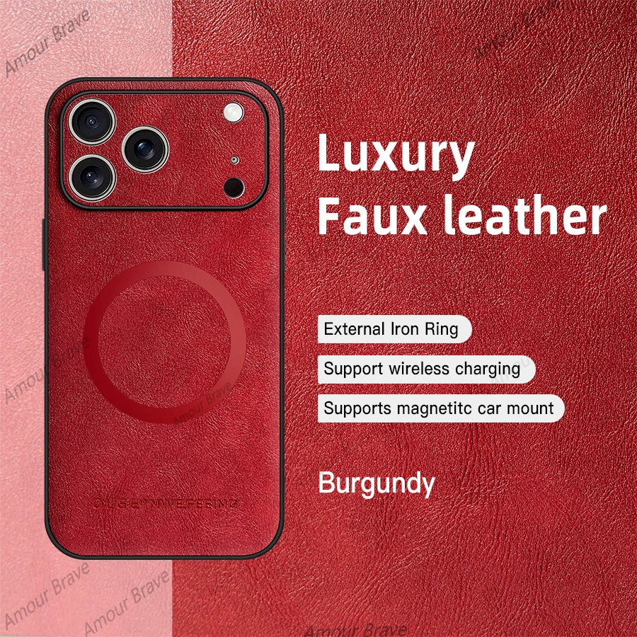 Luxury Textured Leather Phone Case with Wireless Charging & Magnetic Cover