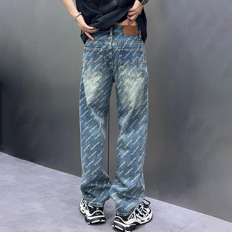Trendy American letter print men's jeans loose fit straight pants new pants 2024 street trend male