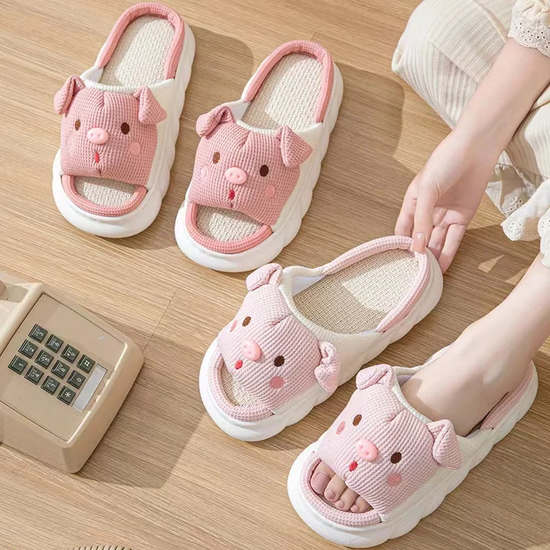 2024 New Pink 3.5cm Fashion Soft Ladies Casual Cute Piggy Pattern Design Comfortable Female Linen Home Slippers