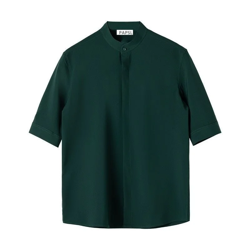 2023 New Summer Business Casual Standing Collar Spliced Button Ice Silk Short Sleeves Slim Fashion Trend Mmen's Clothing Shirt
