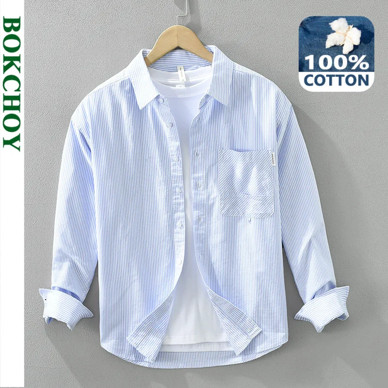 

2024 Spring New Casual Striped Long Sleeve Shirts for Men Clothing 100% Cotton Simple Fresh Turn-down Collar Soft CM8877
