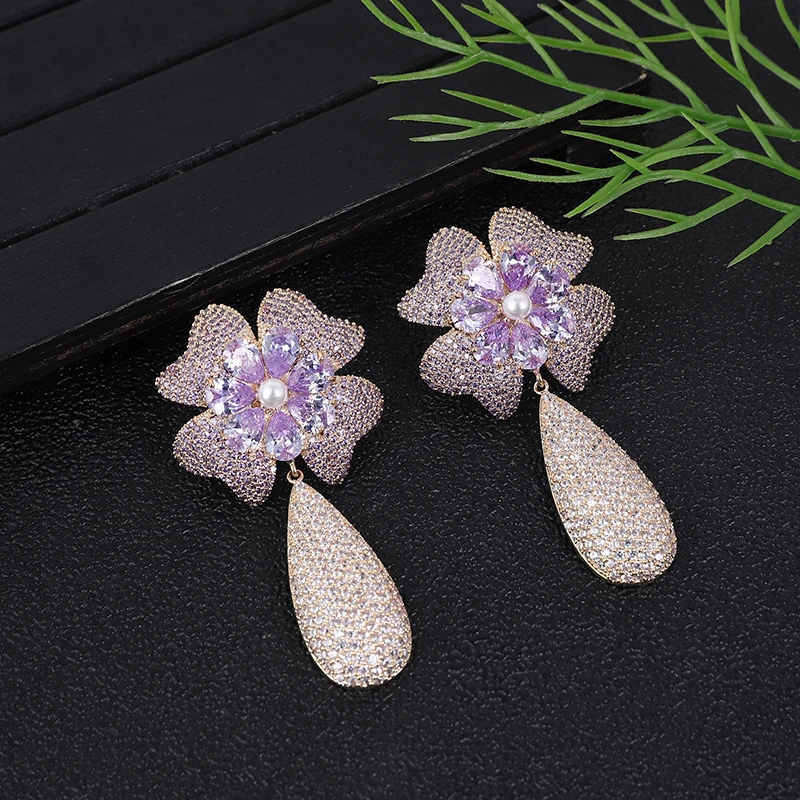 

Luxury Flower Long Waterdrop Drop Earrings For Women Wedding Cubic Zirconia CZ DUBAI Bridal Earring Jewelry Accessories A0275