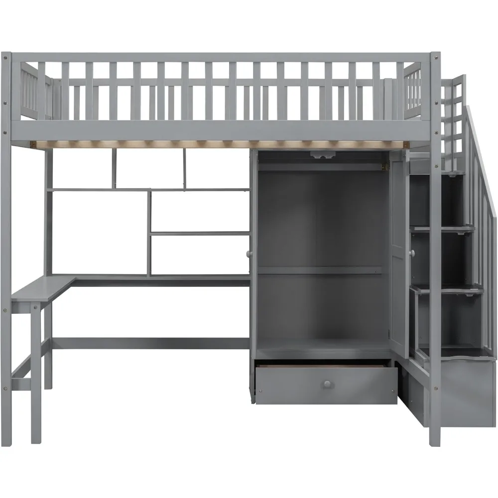 Full Loft Beds Stairway Loft Bed Frame with Wardrobe, Desk, Bookcase and Drawers, Gray Children's Wardrobes 4