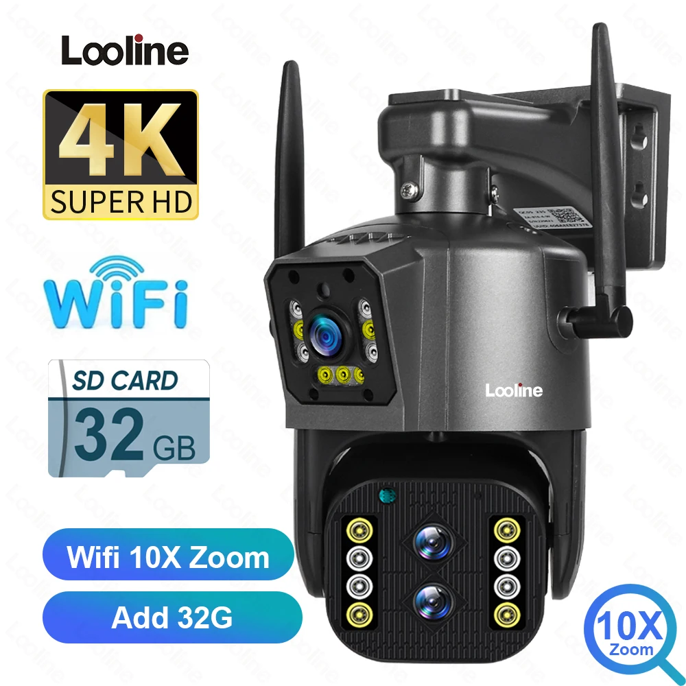Looline 4K 8MP IP Camera WiFi Outdoor 10x Zoom Óptico PTZ Três