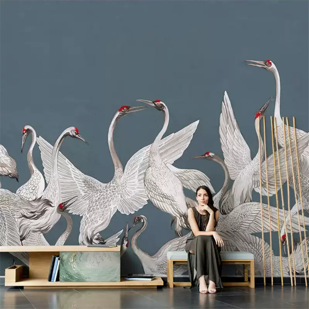 Grus Japonensis-Papier Peint Mural de Luxe 3D, Lumière, Grue Couronne Rouge Japonaise, Papiers Pehonneur pour Salon, Canapé, Arrière-Plan TV 1
