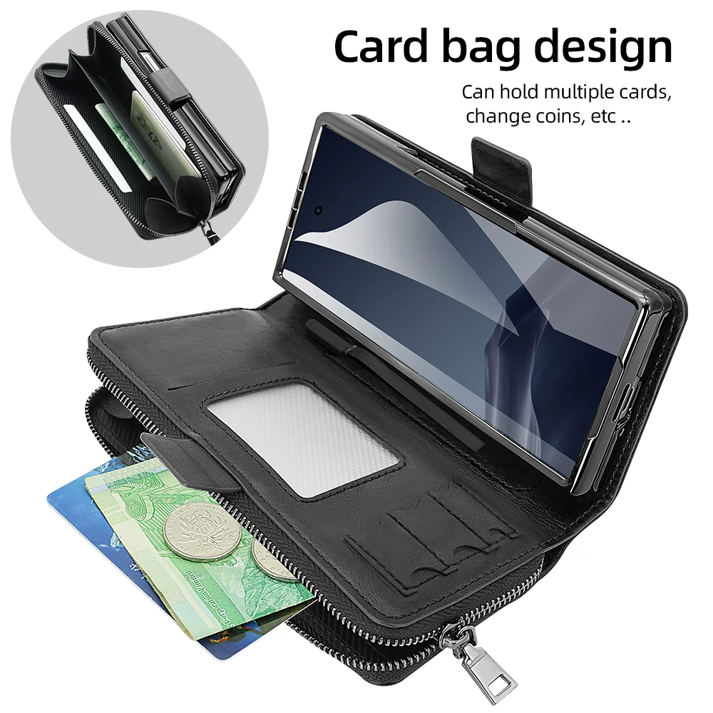 RFID Wallet Phone Case with Card Slots and Faux Leather Magnetic Flip Cover with Hand Grip, Zipper Coin Pocket