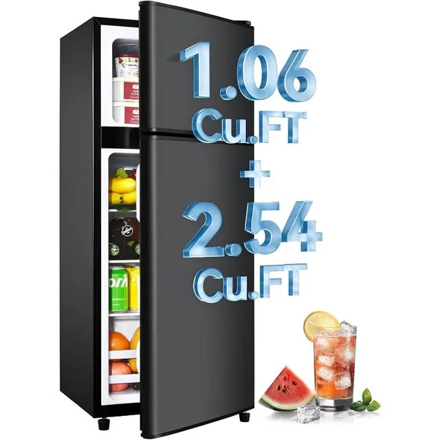 3.6 Cu.Ft Fridge with Freezer, Double Door Refrigerator with 6 Level Thermostat, LED Light, Adjustable Glass Shelves for Bedroom 1