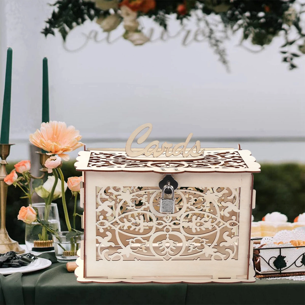 Wooden Gift Card Boxes Wooden Wedding Gifts Card Boxes With Lock Mr&Mrs Couple Flower Pattern Envelope Sign Cards Wood Box DIY Rustic Wedding Supplies