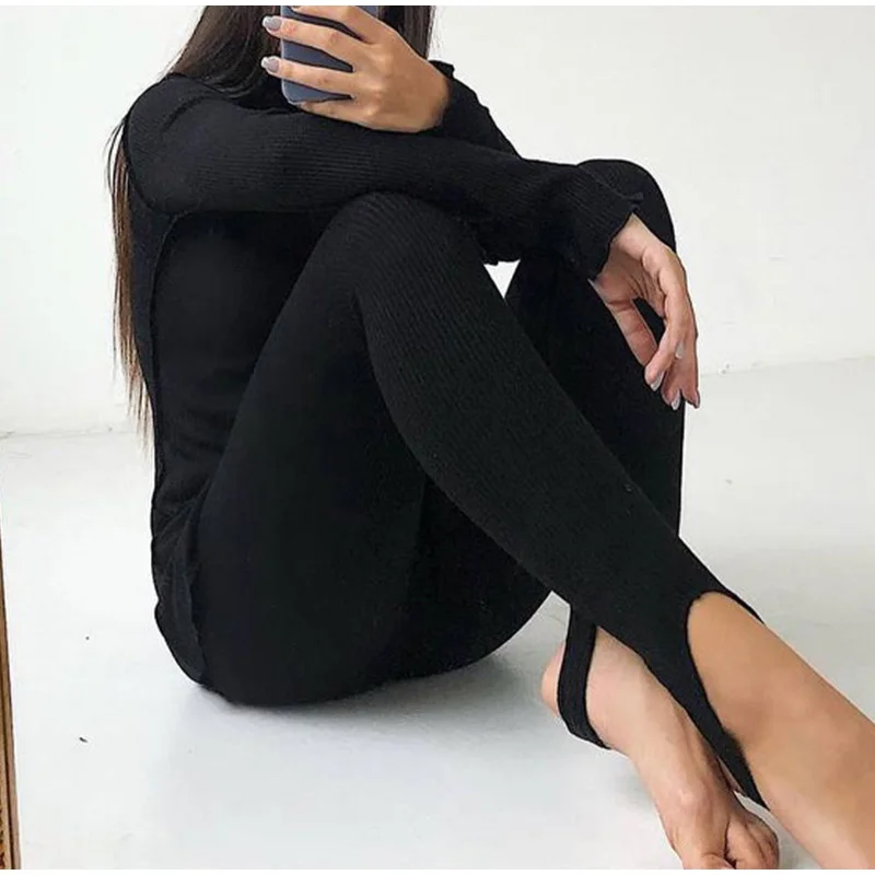 Women Knitted Skinny Two Piece Set Turtleneck Side Split Top And Legging Pants Suits Spring Autumn Bodycon Fitness Tracksuit formal pant suits