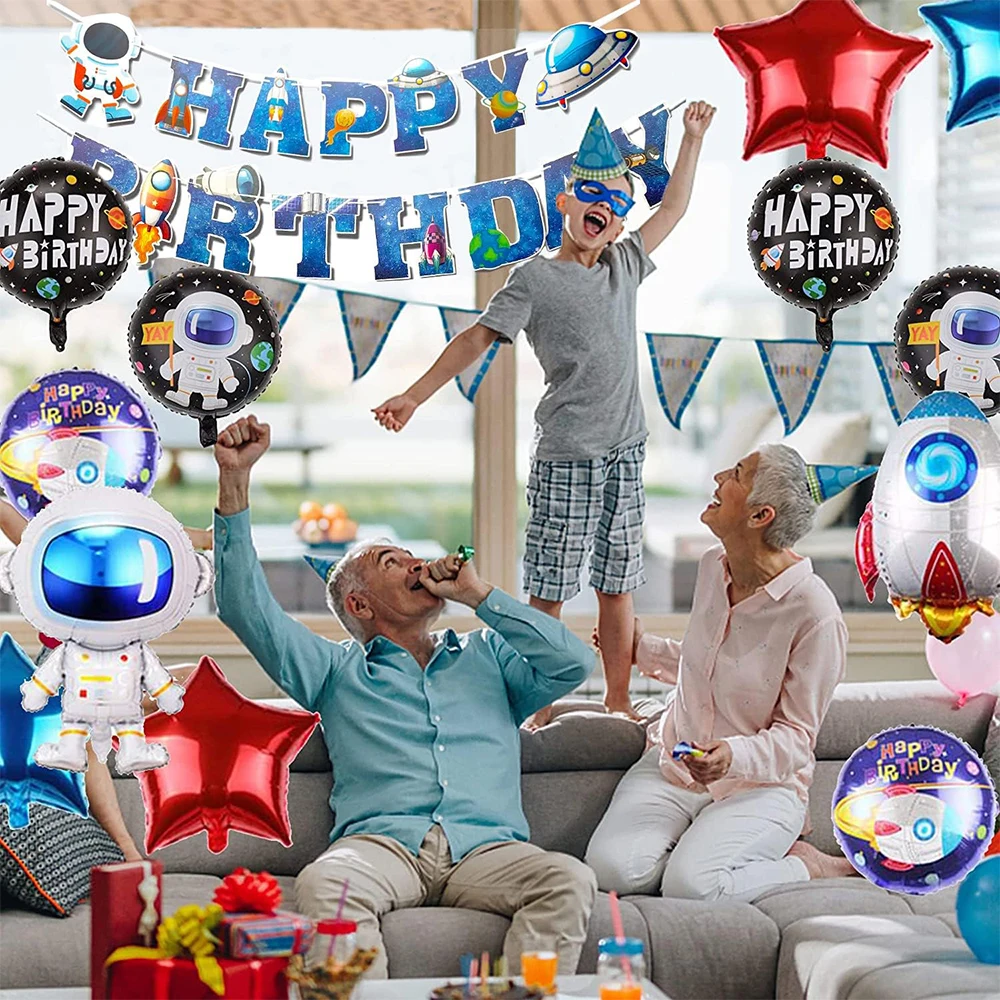 Raumfahrer-Geburtstagsbanner, Planetengirlande, Wirbel, hängende Dekoration, Luft- und Raumfahrt-Kuchenaufsatz, Astronauten-Ballon, Weltraum-Partygeschenk – Detail 19