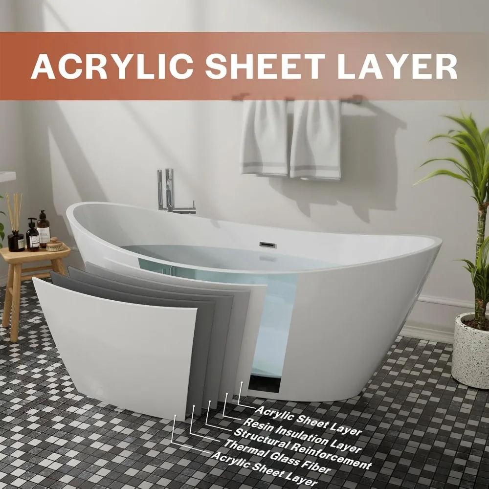 67" Acrylic Freestanding Tub Contemporary Soaking Tub, with Matte Overflow and Drain, White Acrylic Stand Alone Tub 2