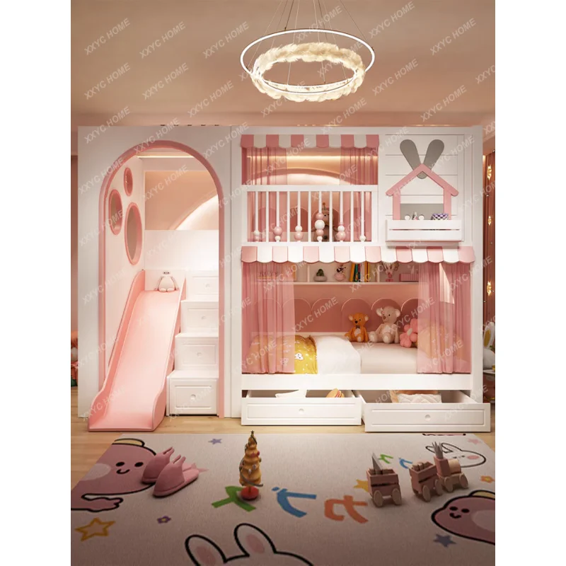 

Solid Wood Children's Bed Girls' Two-Layer Bunk Bed High Guardrail Same Width Small Apartment Slide Bunk Bed Castle Tree House