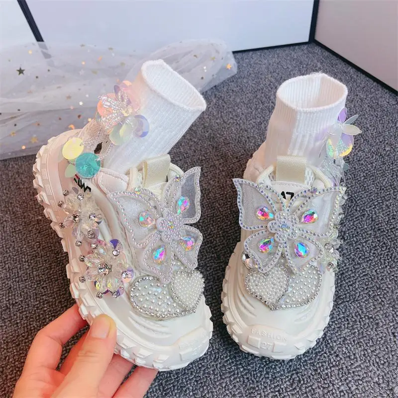 Rhinestone Kids Sneakers Girls Spring Fashion Casual Running Sports Trainers Brand Breathable Children Pearl with Diamond Flats